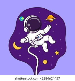 Cute Astronaut Floating In Space With Planet And Moon Cartoon Vector Icon Illustration. Science Technology Icon Concept Isolated Premium Vector. Flat Cartoon Style