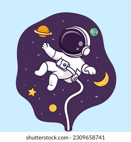 Cute Astronaut Floating In Space With Planet And Moon Cartoon Vector Icon Illustration. Science Technology Icon Concept IsolatedPremium Vector. Flat Cartoon Style