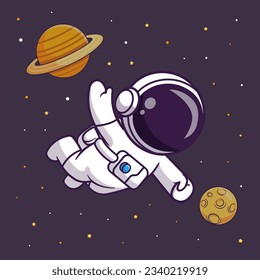 Espacio Flotante Astronauta Con Ilustración De Icono Vector De Dibujo Planeta. Concepto de icono de la tecnología de la ciencia Vector Premium aislado. Estilo de dibujo plano