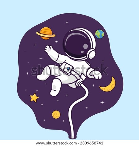 Cute Astronaut Floating In Space With Planet And Moon Cartoon Vector Icon Illustration. Science Technology Icon Concept IsolatedPremium Vector. Flat Cartoon Style