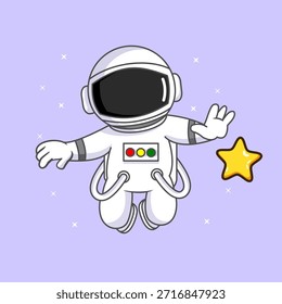 Lindo astronauta flotando en el espacio alcanzando para una estrella de oro Ilustración vectorial de diseño de dibujos animados