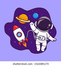 Astronauta Cuto Flotando En El Espacio Con Vector De Caricatura De Cohetes Y Planetas Icono Icono Ilustración De La Tecnología De La Ciencia Concepto Vector Premium Aislado. Estilo de dibujo plano