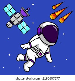 Cute Astronaut Floating In Space With Satellite And Meteorite Cartoon Vector Icon Illustration. Flat Cartoon Concept