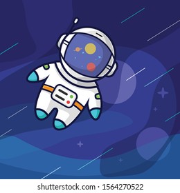 Cute Astronaut floating in the space. Spaceman. Vector flat galaxy space design background. Cute template with  cartoon Astronaut, Moon, Stars. Vector illustration with isolated object