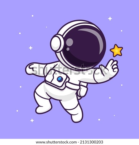 Cute Astronaut Floating In Space With Star Cartoon Vector Icon Illustration. Science Technology Icon Concept Isolated Premium Vector. Flat Cartoon Style