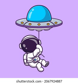 Cute Astronaut Floating mit UFO Ballon Cartoon Vektorsymbol Illustration. Science Technology Icon Konzept isolierter Premium-Vektorgrafik. Flachbildkartonstil