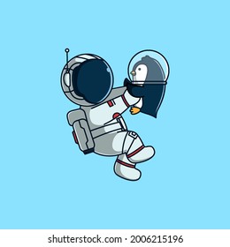Cute astronaut fly and hug penguin. cute mascot cartoon vector illustration. Flat Cartoon Style