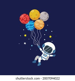 Cute astronaut fly in space with planet shape balloons. Flat vector cartoon design