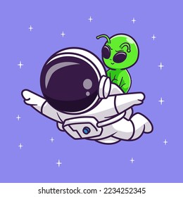 Cute Astronaut Flying With Alien In Space Cartoon Vector Icon Illustration. Science Technology Icon Concept Isolated Premium Vector. Flat Cartoon Style