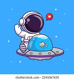 Astronauta Astronauta Con Acuario Ilustración De Icono Del Vector De Caricaturas Ufo. Concepto de icono animal de ciencia Vector Premium aislado. Estilo de dibujo plano