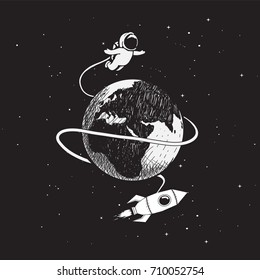 Cute astronaut flying around the Earth.Childish vector illustration. Hand drawing .Prints design