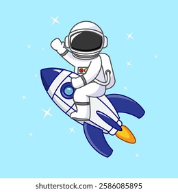 Cute Astronaut Flying Away into Space with Rocket , Vector Illustration Cartoon Design