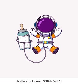 Cute Astronaut flying with baby bottle milk. Science Technology Icon Concept of illustration