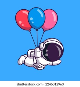 Cute Astronaut Flying with Balloon Cartoon Vector Icon Illustration. Science Technology Icon Concept Isolated Premium Vector. Flat Cartoon Style