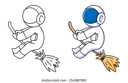 cute astronaut with flying broom coloring page for kids