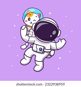 Cute Astronaut Flying With Cat In Space Cartoon Vector Icon Illustration. Science Animal Icon Concept Isolated Premium Vector. Flat Cartoon Style