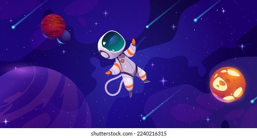 Cute astronaut flying in cosmos with alien planets, comets and stars. Cosmonaut in spacesuit on background of dark outer space landscape with planets and asteroids, vector cartoon illustration