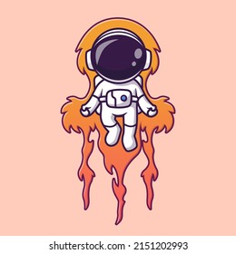 Cute Astronaut Flying With Fire Cartoon Vector Icon Illustration. Science Technology Icon Concept Isolated Premium Vector. Flat Cartoon Style