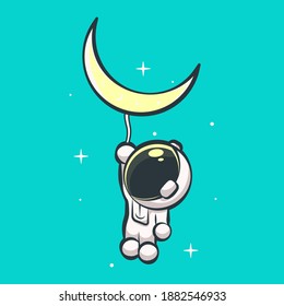 cute astronaut flying holding the moon cartoon illustration Premium Vector