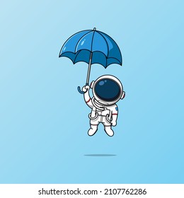 Cute astronaut flying into the sky with an umbrella illustration