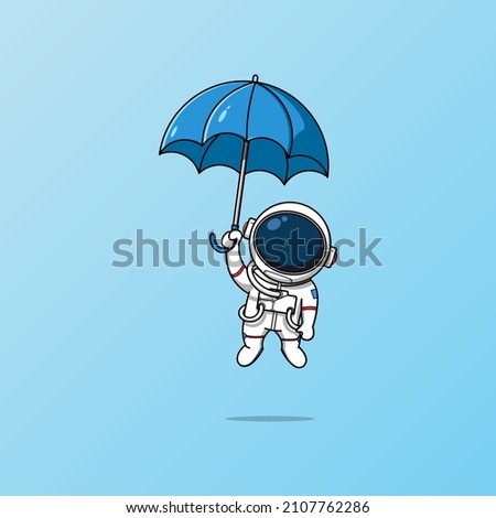Cute astronaut flying into the sky with an umbrella illustration