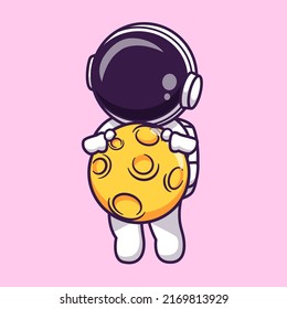 Cute Astronaut Flying With Moon Cartoon Vector Icon Illustration. Science Technology Icon Concept Isolated Premium Vector. Flat Cartoon Style