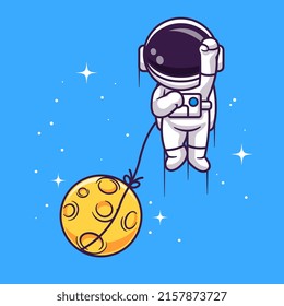 Cute Astronaut Flying With Moon In Space Cartoon Vector Icon Illustration. Science Technology Icon Concept Isolated Premium Vector. Flat Cartoon Style