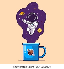 Cute Astronaut fliegen auf Coffee Space Cartoon Vektorsymbol Illustration. Science Drink Icon Konzept isoliert Premium Vektorgrafik. Flachbildkartonstil