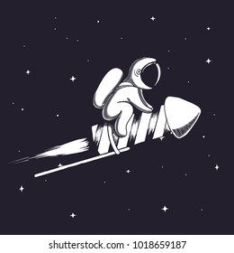 Cute astronaut flying on firework rocket to space.Childish vector illustration.Prints design