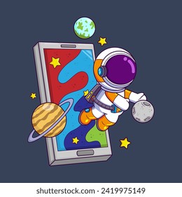 cute astronaut flying on mobile phone of illustration