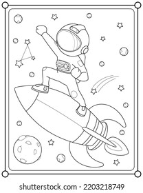 Cute astronaut flying on a rocket into space suitable for children's coloring page vector illustration