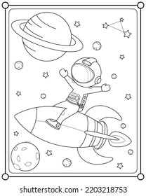 Cute astronaut flying on a rocket into space suitable for children's coloring page vector illustration