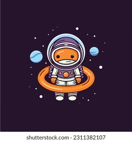 Cute astronaut flying in outer space on spaceship.Character design.Vintage childish vector illustration