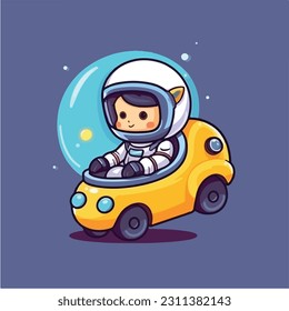 Cute astronaut flying in outer space on spaceship.Character design.Vintage childish vector illustration