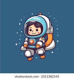 Cute astronaut flying in outer space on spaceship.Character design.Vintage childish vector illustration