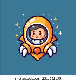 Cute astronaut flying in outer space on spaceship.Character design.Vintage childish vector illustration