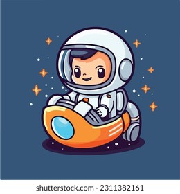 Astronauta lindo volando en el espacio ultraterrestre en nave espacial.Diseño de caracteres.Ilustración vectorial infantil vintage