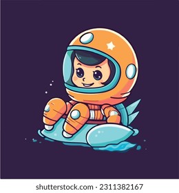 Cute astronaut flying in outer space on spaceship.Character design.Vintage childish vector illustration