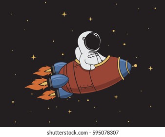 Cute Astronaut Flying In Outer Space On Spaceship.Character Design.Vintage Childish Vector Illustration