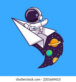 Cute Astronaut Flying Paper Plane In Space Cartoon Vector Icon Illustration. Science Technology Icon Concept Isolated Premium Vector. Flat Cartoon Style