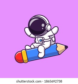 Cute Astronaut Flying With Pencil Rocket Cartoon Vector Icon Illustration. Science Education Icon Concept Isolated Premium Vector. Flat Cartoon Style