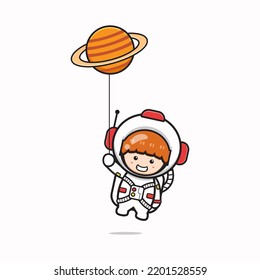 Cute astronaut flying with planet balloon character cartoon icon illustration. Design isolated flat cartoon style