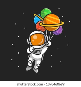 Cute Astronaut Flying With Planet Balloons In Space Cartoon Vector Icon Illustration. Technology Science Icon Concept Isolated Premium Vector. Flat Cartoon Style