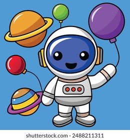 Cute Astronaut Flying with Planet Balloons Cartoon Vector Kawaii Icon. Space Technology Illustration