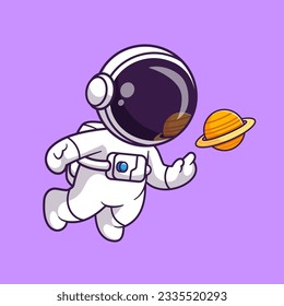 Cute Astronaut fliegen mit Planet in der Raumkartoon Vektorgrafik Illustration. Science Technology Icon Konzept isolierter Premium-Vektorgrafik. Flachbildkartonstil