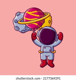 Cute Astronaut Flying with Planets Balloon Cartoon Vector Illustration. Cartoon Style Icon or Mascot Character Vector.