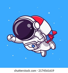 Cute Astronaut Flying With Rocket Cartoon Vector Icon Illustration. Science Technology Icon Concept Isolated Premium Vector. Flat Cartoon Style