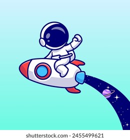 Cute Astronaut Flying With Rocket With Fire Space Cartoon Vector Icon Illustration. Science Technology Icon Concept Isolated Premium Vector. Flat Cartoon Style