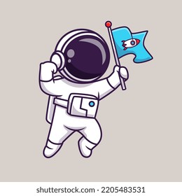 Cute Astronaut Flying With Rocket Flag Cartoon Vector Icon Illustration Science Technology Icon Concept Isolated Premium Vector. Flat Cartoon Style