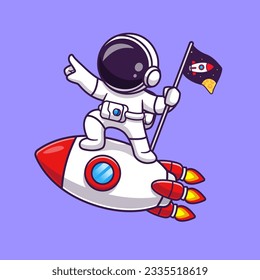 Cute Astronaut Flying With Rocket And Flag Cartoon Vector Icon Illustration. Science Technology Icon Concept Isolated Premium Vector. Flat Cartoon Style